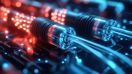 Poster - illuminating fiber optic cables transmitting data with red and blue light signals in a futuristic technology network backdrop symbolizing connectivity