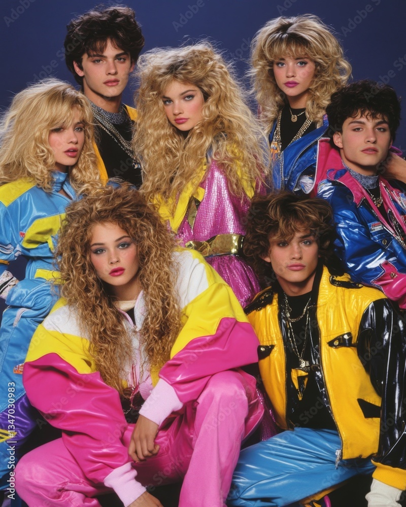 Group of young people wearing 80s fashion posing Stock Photo | Adobe Stock