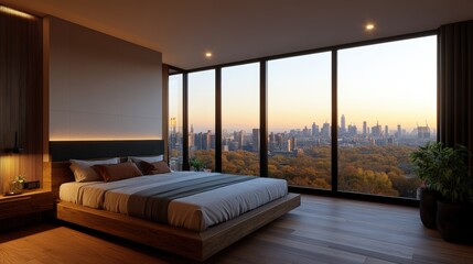 Poster - Photorealistic modern bedroom rende with low platform bed, spacious window view of a stunning sunset cityscape, elegant hardwood floo design