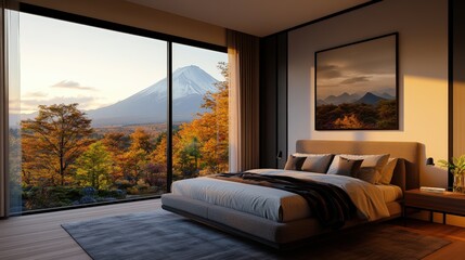 Poster - Modern photorealistic bedroom with breathtaking views of sunset over snow-capped mountains through expansive floor-to-ceiling in high resolution