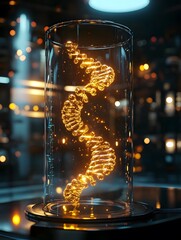Poster - Glowing DNA Helix in Glass Container with Futuristic Background