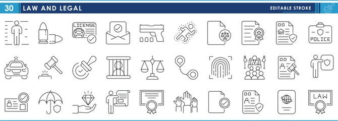 Poster - a set of line icons related to law and legal. legal documents, policy, justice, crime, judge, illega