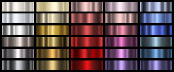 Aufkleber - A set of colored metallic gradients on a black background. Metallic texture, shiny background. Vector EPS 10.