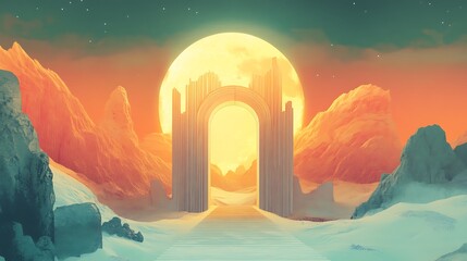 surreal landscape with archway staircase and celestial body background