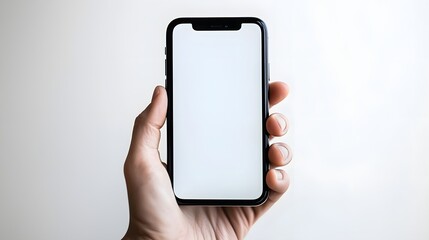 Hand Holding Smartphone With Blank Screen Over Minimal White Background