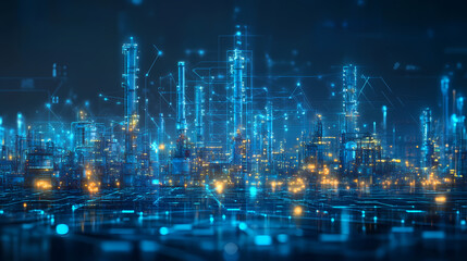 Poster - Digital Cityscape: A mesmerizing digital representation of a futuristic city, showcasing interconnected networks and glowing infrastructure in a sleek, high-tech environment.
