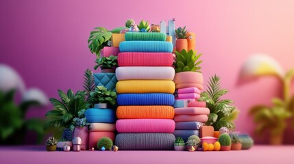 Poster - A photorealistic digital rende of colorful folded textiles with potted plants and decorative objects creating a vibrant, lively, artistic composition