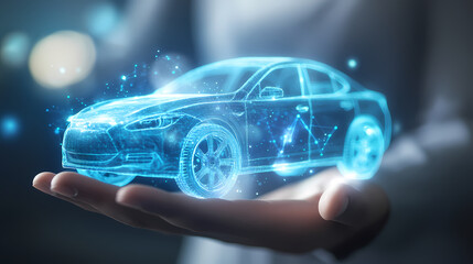 Poster - Innovation in Hand: A detailed, futuristic digital car projection hover gracefully in a person's open palm, hinting at the innovative automotive technology.