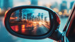 © +27.000 BOU - City Reflection: A mesmerizing view of a cityscape reflected in a car's side mirror, showcasing the blurred lights of vehicles and buildings, creating a sense of movement.