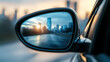 © +27.000 BOU - Cityscape in Reflection: The side mirror frames a stunning reflection of a modern cityscape. Captured during sunrise with building reflecting