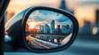 © +27.000 BOU - City Reflections in Mirror: An intriguing image capturing a city reflection in a side mirror, showcasing urban landscapes and a unique perspective of cityscape