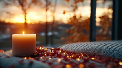 Poster - A Softly Lit Cream Candle on a Metallic Dish Surrounded by Red Petals and Fairy Lights on a Cozy Grey Knit Blanket for a Warm Atmosphere