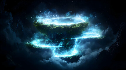 glowing celestial island with blue energy rings in dark space