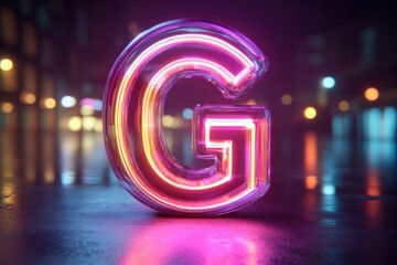 Poster - Bright neon letter G illuminated in a reflective urban setting at night