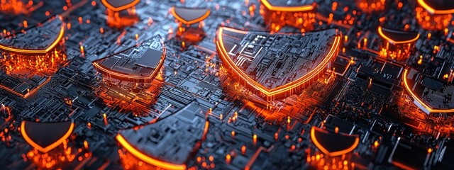 Poster - A secure online network represented by glowing symbols and shields