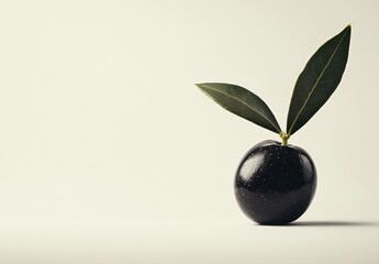 Poster - Single Glossy Black Fruit with Two Green Leaves on Neutral Background Showcasing Natural Beauty and Simplicity in Modern Botanical Style