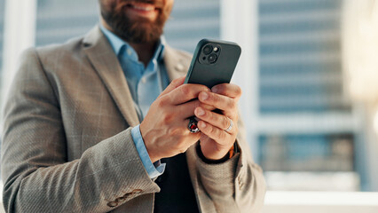 Fototapete - Typing, phone and hands of business man for networking, social media and mobile app on morning commute. Professional, corporate and person on smartphone for contact, message and email in urban town