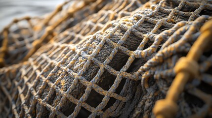 a detailed close up shows an old weathered fishing net