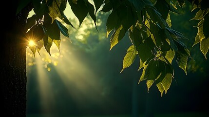 Wall Mural - Sunlight Filtering Through Dew-Kissed Leaves in a Tranquil Morning Forest Scene