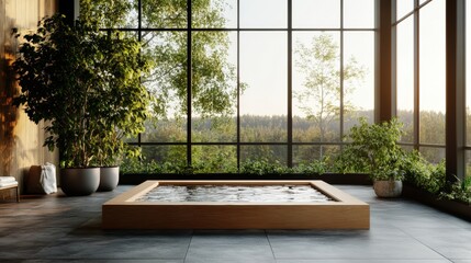 Poster - Photorealistic Rende of a Square Wooden Hot Tub in a Modern Wellness Studio with Natural Light and High Fidelity Details for Relaxation and Comfort