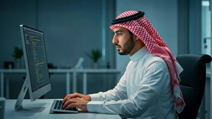 Focused Arab programmer writing code on a modern desktop computer screen, developing software in the office.