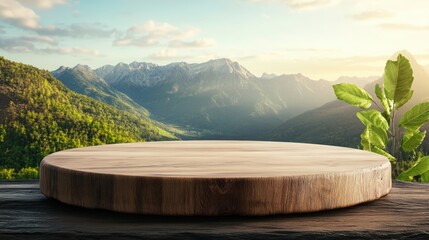 Poster - Photorealistic wooden tabletop podium with circular cutting board against stunning sunlit mountains and lush green forests in vivid detail and clarity