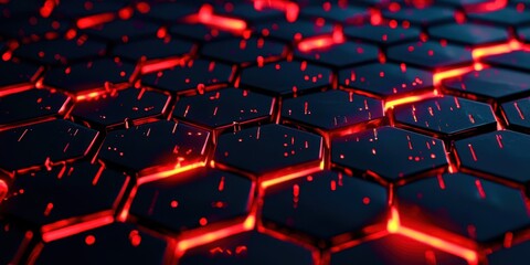 Poster - A close up of a black and red hexagonal pattern with red glowing lines