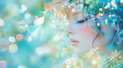 Wall Mural - enchanted serenity: a woman with eyes closed surrounded by a dreamy, artistic scene and a mystical a