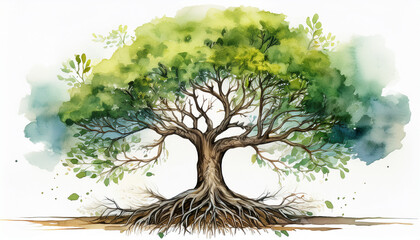 Watercolor painting of big tree with roots and wide reaching branches. Strength and growth.