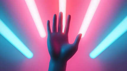 Fototapete - A Single Hand Reaching Upward Against a Vibrant Pink and Blue Neon Light Background