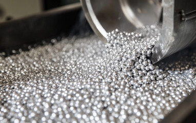 Poster - Close-up view of scandium beads being processed in a factory Generative AI