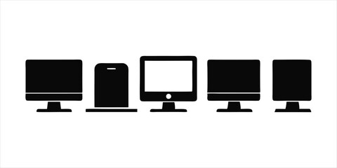 Fototapete - Laptop computer cell phone and desktop pc screen icon vector simple graphic illustration set solid black line stroke outline art, mobile cellphone smartphone blank empty frame sign symbol 