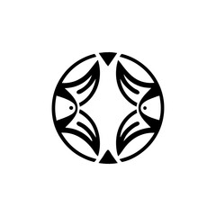 Poster - abstract fish symbol. A symmetrical design featuring four stylized fish arranged in a circular pattern, with elegant lines and simple shapes. The artwork is in black color