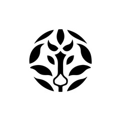 Poster - a stylized black and white graphic illustration of a lion's head in a circular design