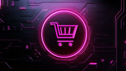 Poster - Futuristic neon-lit e-commerce checkout screen with a digital cart symbol, modern shopping experience concept.