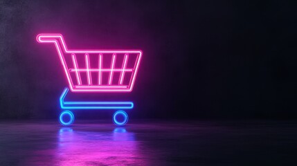 Poster - Futuristic neon-lit e-commerce checkout screen with a digital cart symbol, modern shopping experience concept.