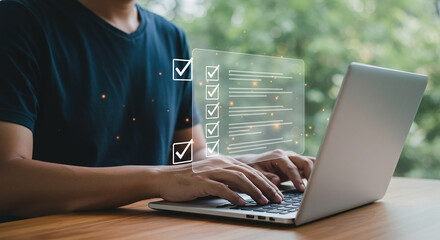 Wall Mural - person using laptop with checklist overlay for task management and productivity enhancement online w