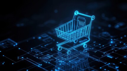 Poster - Holographic shopping cart with AI-driven e-commerce metrics, futuristic business trends visualized in neon blue.