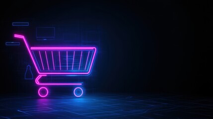 Poster - Holographic shopping cart with AI-driven e-commerce metrics, futuristic business trends visualized in neon blue.