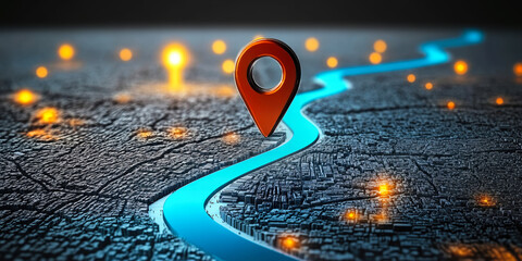 Poster - Conceptual Success Road Map with Location Pin and Glowing Pathway as Metaphor for Goal Setting and Achievement