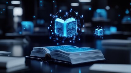 Poster - Holographic university classroom with floating digital textbooks and an illuminated knowledge symbol.