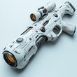 © watz - Futuristic white firearm with intricate mechanical details a scope and a glowing golden barrel.