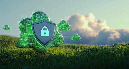 Aufkleber - Glowing digital shield protecting network data against cyber threats, embracing secure cloud computing in green landscape