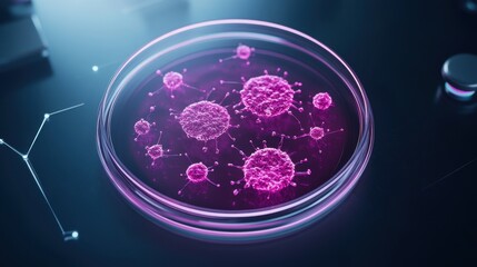 Poster - Microbial colonies flourishing in a petri dish, glowing with neon light, in a futuristic biology lab, emphasizing biological diversity.