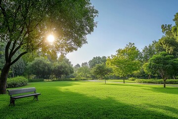 Poster - Green grass, mature trees surrounding peaceful urban park, sunlight washing landscape with golden warmth