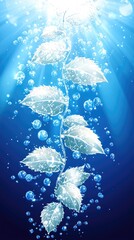 Wall Mural - Sparkling leaves descend in blue water, illuminated by sunbeams, ideal backdrop for freshness ads