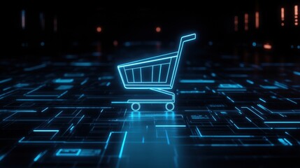Poster - Shopping cart floating in a futuristic data grid, surrounded by glowing analytics and digital commerce statistics.