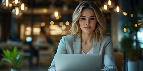 Aufkleber - Businesswoman female employee using a laptop with modern office background. Copy space , 8k Resolution