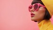 © Sweettymojidesign - Fashionable Woman in Trendy Sunglasses on Pink Background for Shopping Concept