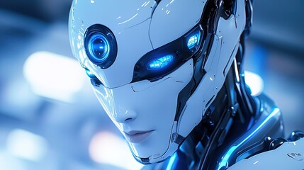 Aufkleber - Close-up portrait of AI robot, high-detail, glowing blue accents, minimalist background 